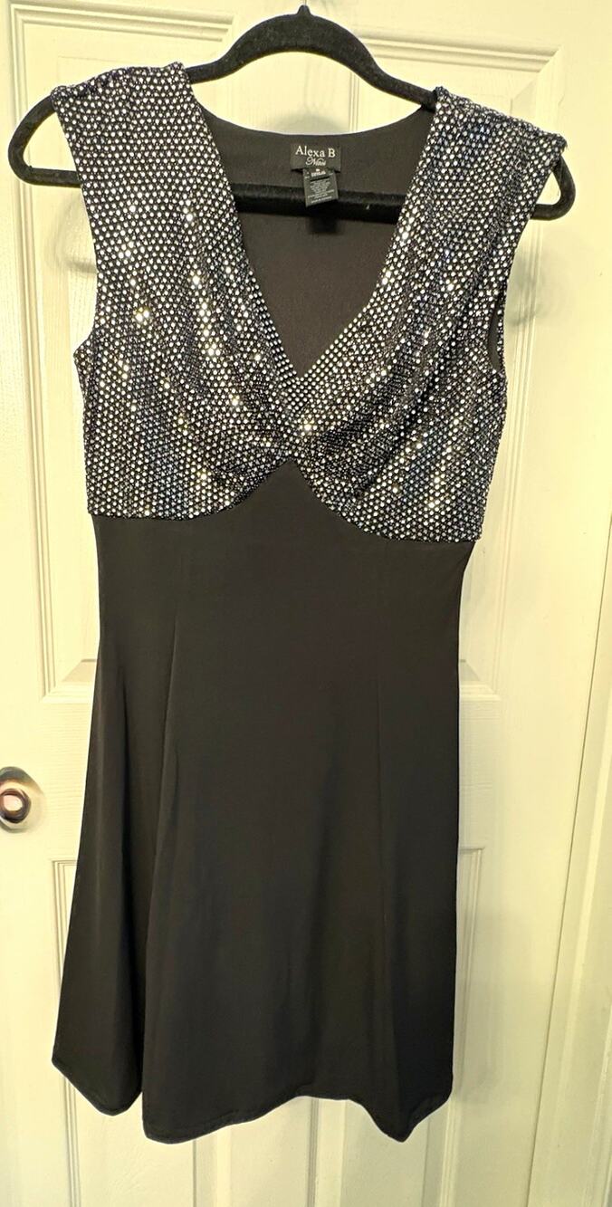 Alexa B Nites Black Silver Sequin A-Line Dress Evening Homecoming Y2K